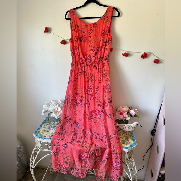Italy 🇮🇹 Silk Pink Floral Vibrant Orange and Pink Tiered Maxi Sundress S M L - Picture 9 of 11